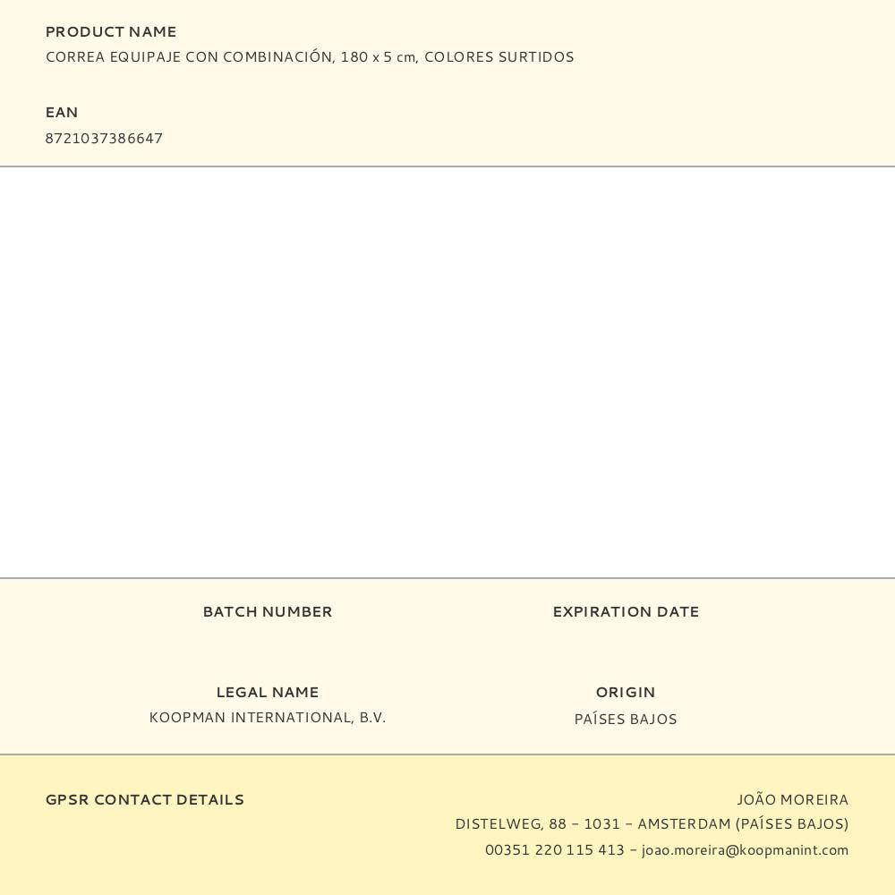 CORREA EQUIPAJE CON COMBINACIÓN, 180 x 5 cm, COLORES SURTIDOS gallery 0