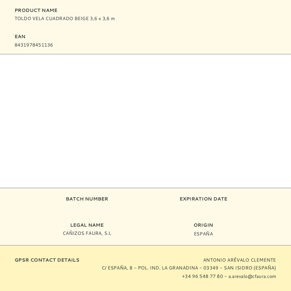 TOLDO VELA CUADRADO BEIGE 3,6 x 3,6 m gallery 2