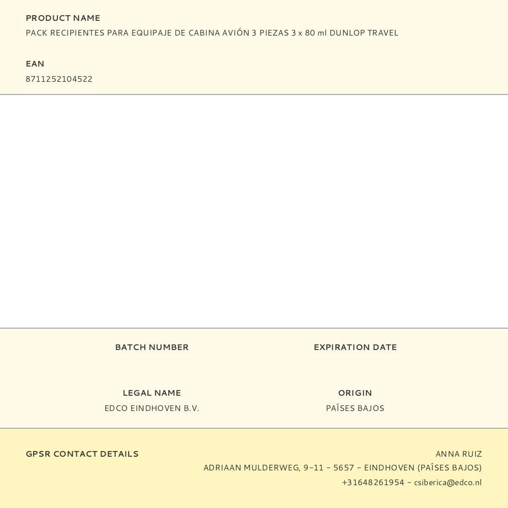 PACK RECIPIENTES PARA EQUIPAJE DE CABINA AVIÓN 3 PIEZAS 3 x 80 ml DUNLOP TRAVEL gallery 1