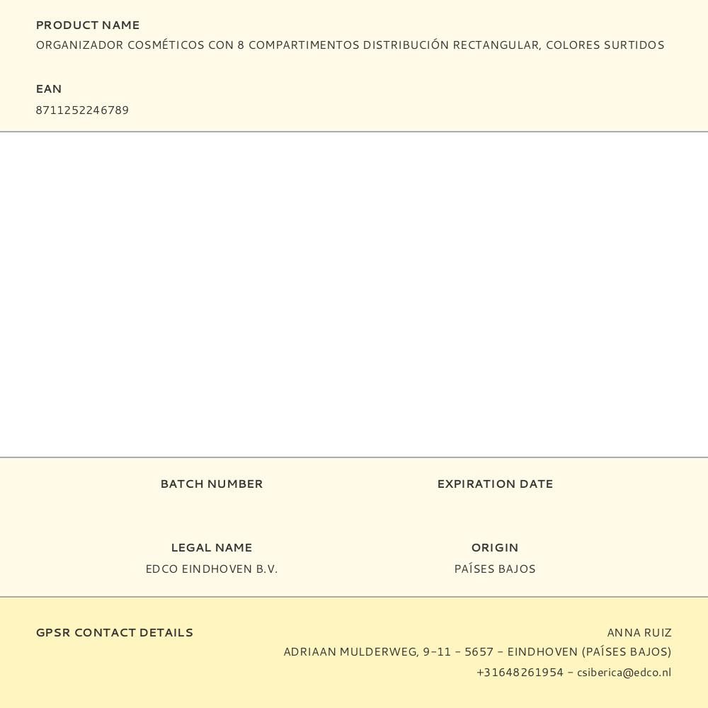 ORGANIZADOR COSMÉTICOS CON 8 COMPARTIMENTOS DISTRIBUCIÓN RECTANGULAR, COLORES SURTIDOS gallery 3