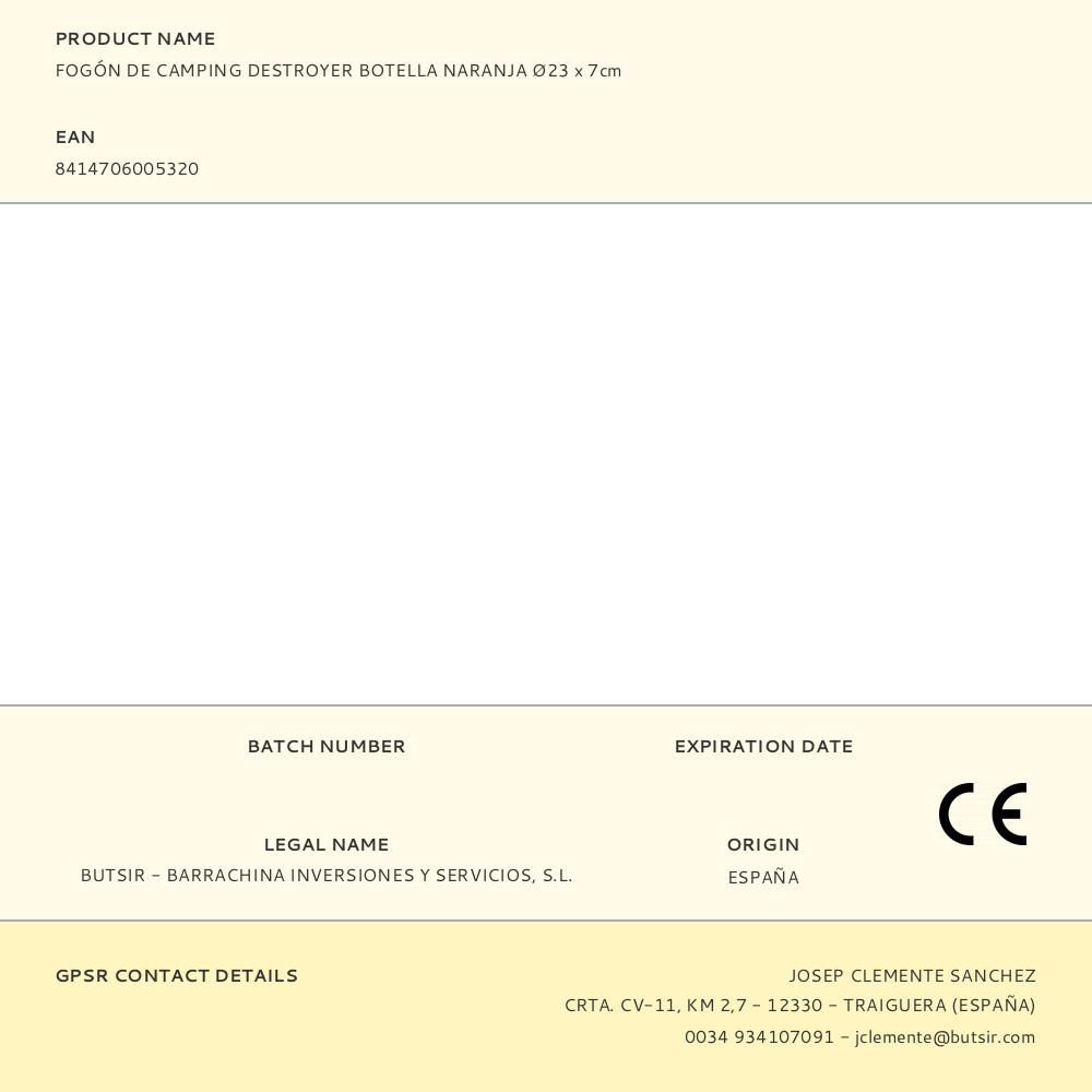 FOGÓN DE CAMPING DESTROYER BOTELLA NARANJA Ø23 x 7cm gallery 0