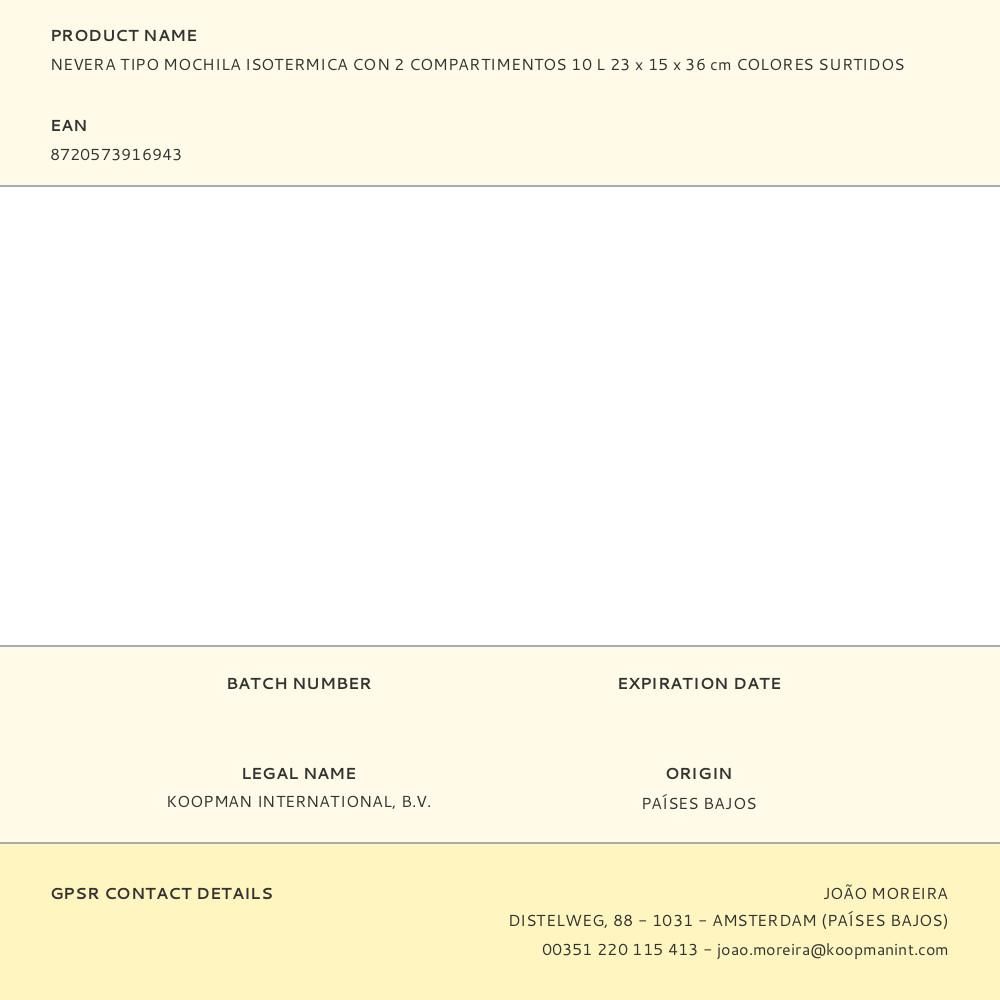 NEVERA TIPO MOCHILA 10 l COLORES SURTIDOS CON 2 COMPARTIMENTOS, 23 x 15 x 36 cm gallery 0