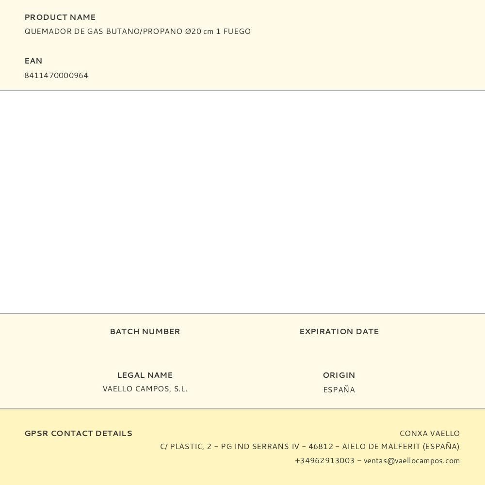 QUEMADOR DE GAS BUTANO/PROPANO Ø20cm 1 FUEGO gallery 1