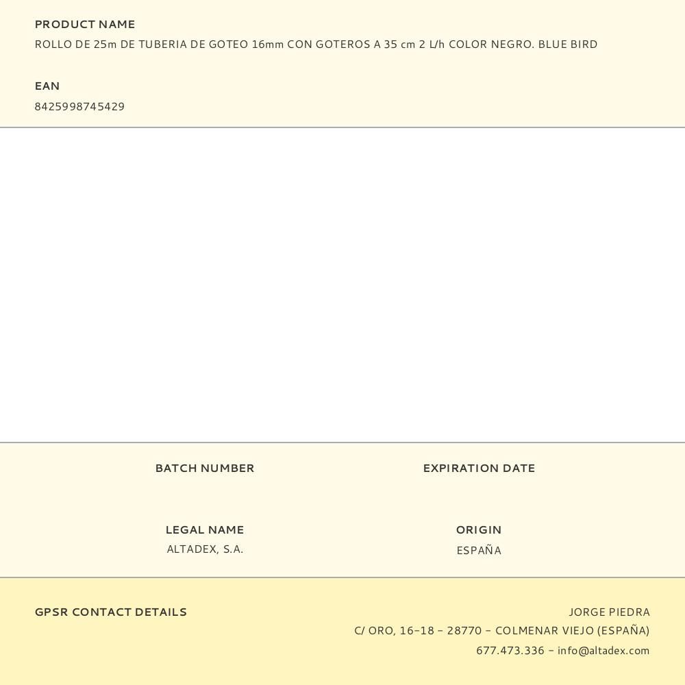 TUBERIA DE GOTEO COLOR NEGRO Ø16 mm, ROLLO 25 m, CON GOTEROS A 35 cm 2 l/h gallery 1