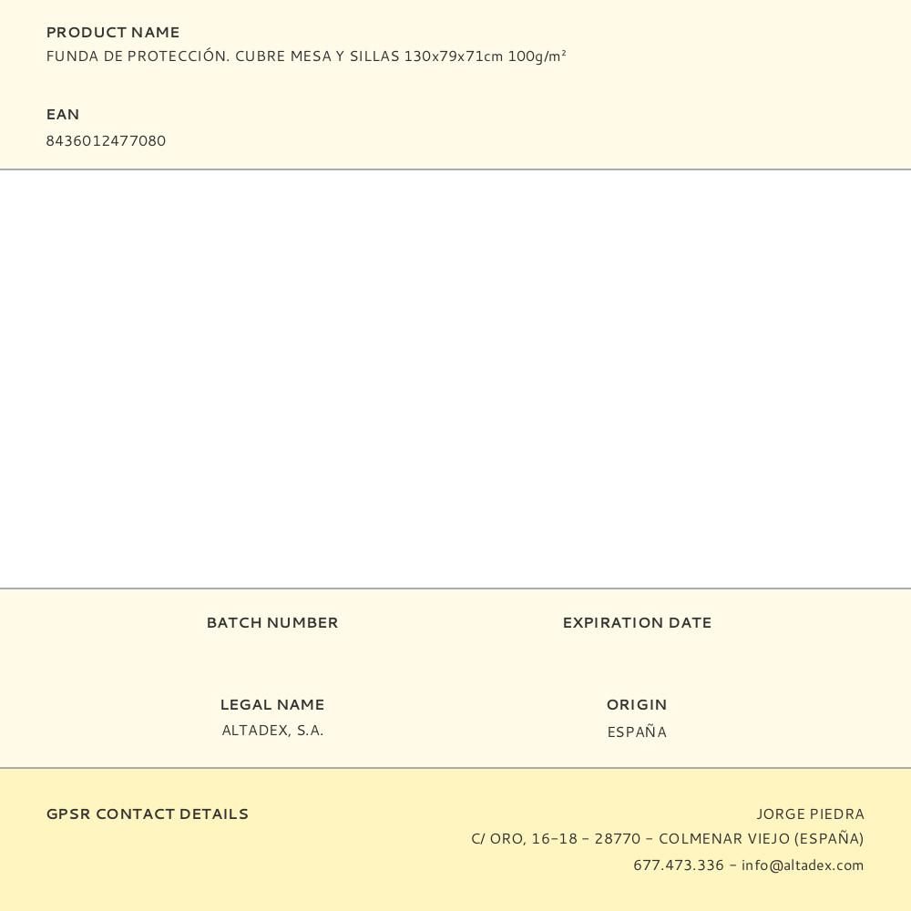 FUNDA DE PROTECCIÓN, CUBRE MESA Y SILLAS, 79 x 130 x 71 cm, 100 g/m² gallery 7