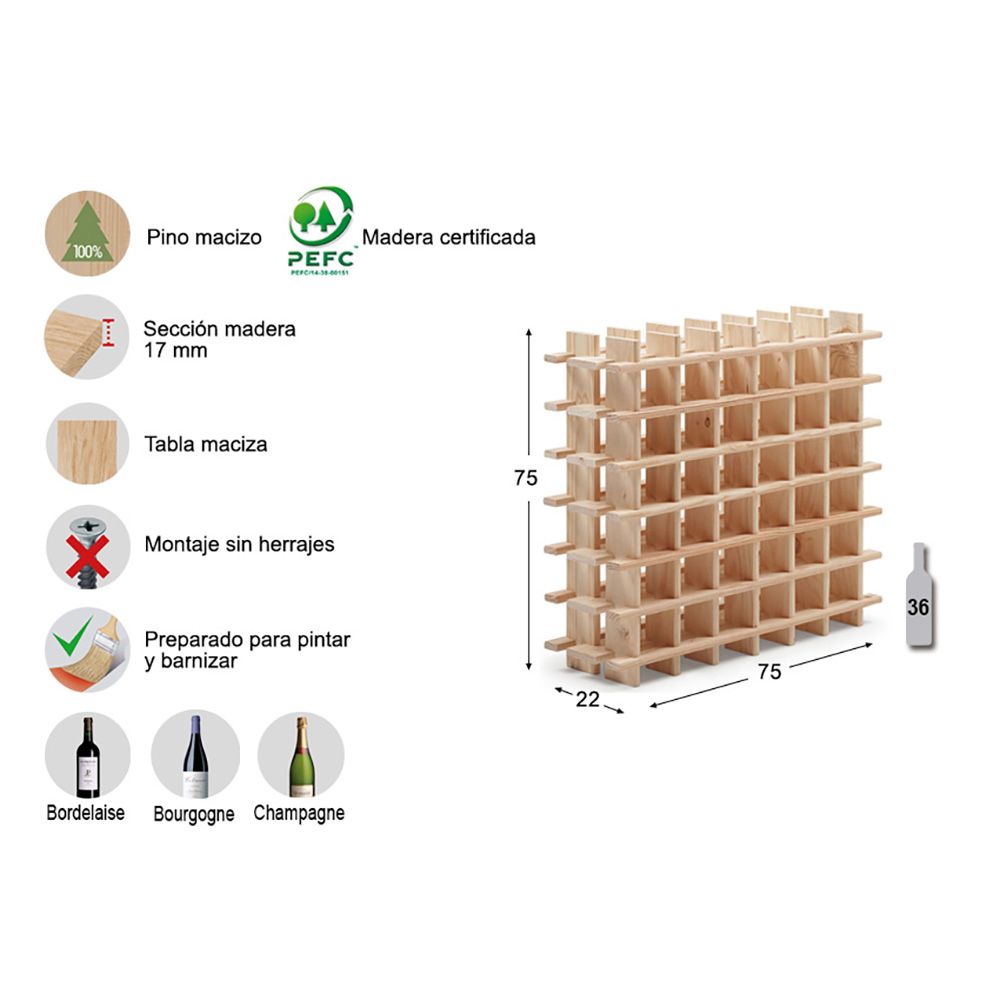 BOTELLERO DE PINO MACIZO EVOLUTIVO RIOJA PARA 36 BOTELLAS 75 x 22 x 75 cm gallery 4