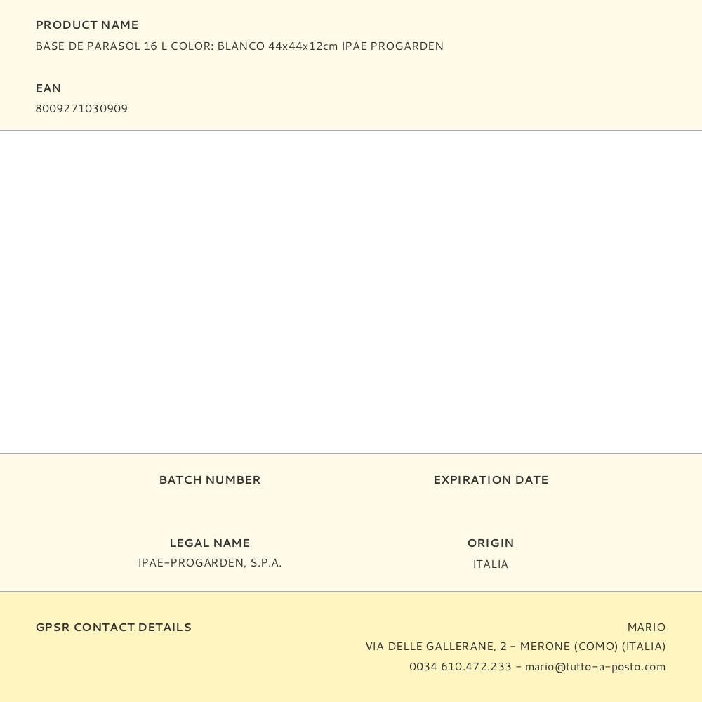 BASE DE PARASOL 16 L BLANCO 44 x 44 x 12 cm gallery 0