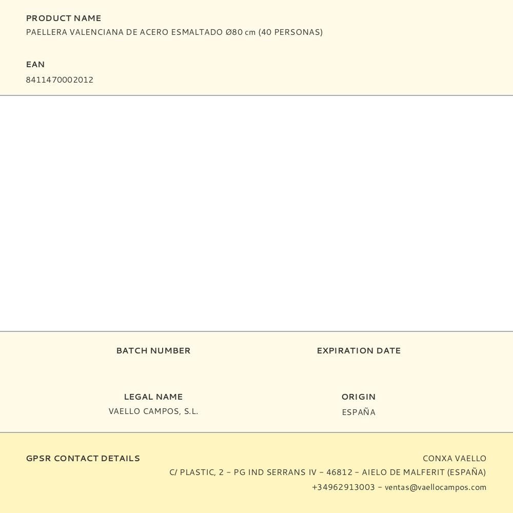 PAELLERA VALENCIANA DE ACERO ESMALTADO Ø80cm (40 PERSONAS) gallery 0