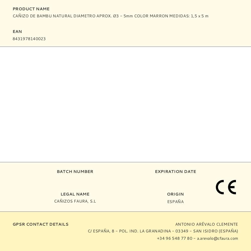 CAÑIZO DE BAMBU NATURAL DIAMETRO APROX. Ø3 - 5mm COLOR MARRON MEDIDAS: 1,5 x 5 m gallery 0