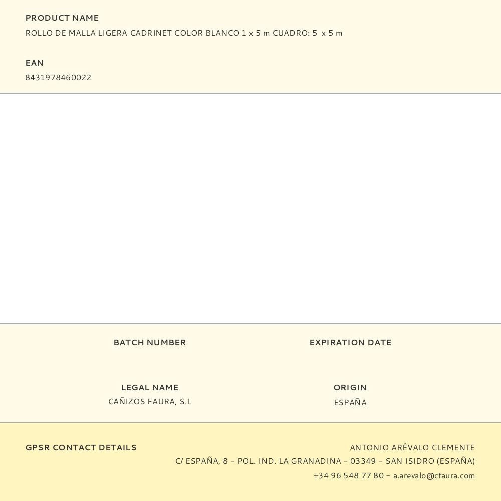 ROLLO DE MALLA LIGERA CADRINET COLOR BLANCO 1 x 5 m CUADRO: 5 x 5 m gallery 0