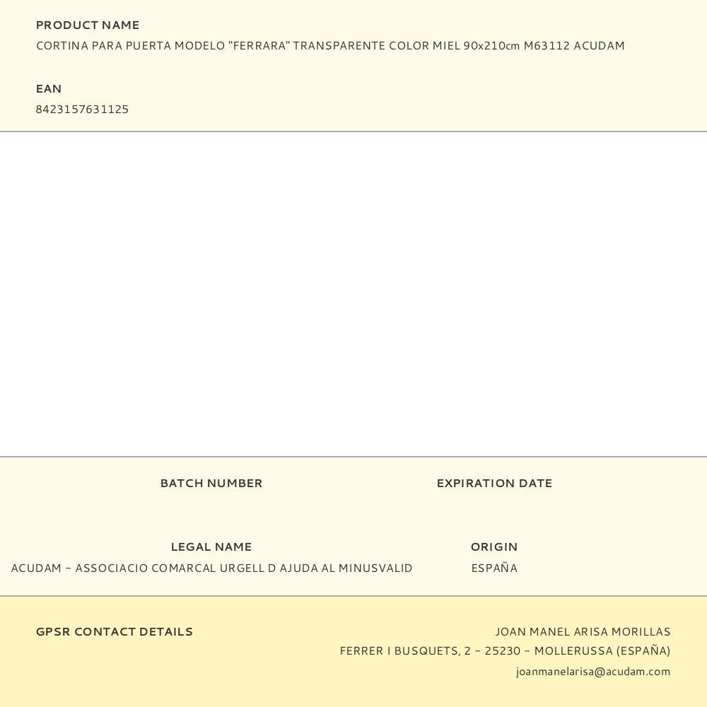 CORTINA PARA PUERTA MODELO FERRARA TRANSPARENTE COLOR MIEL 90 x 210 cm gallery 0