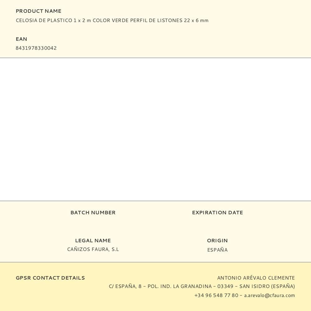 CELOSIA DE PLASTICO 1 x 2 m COLOR VERDE PERFIL DE LISTONES 22 x 6 mm gallery 0