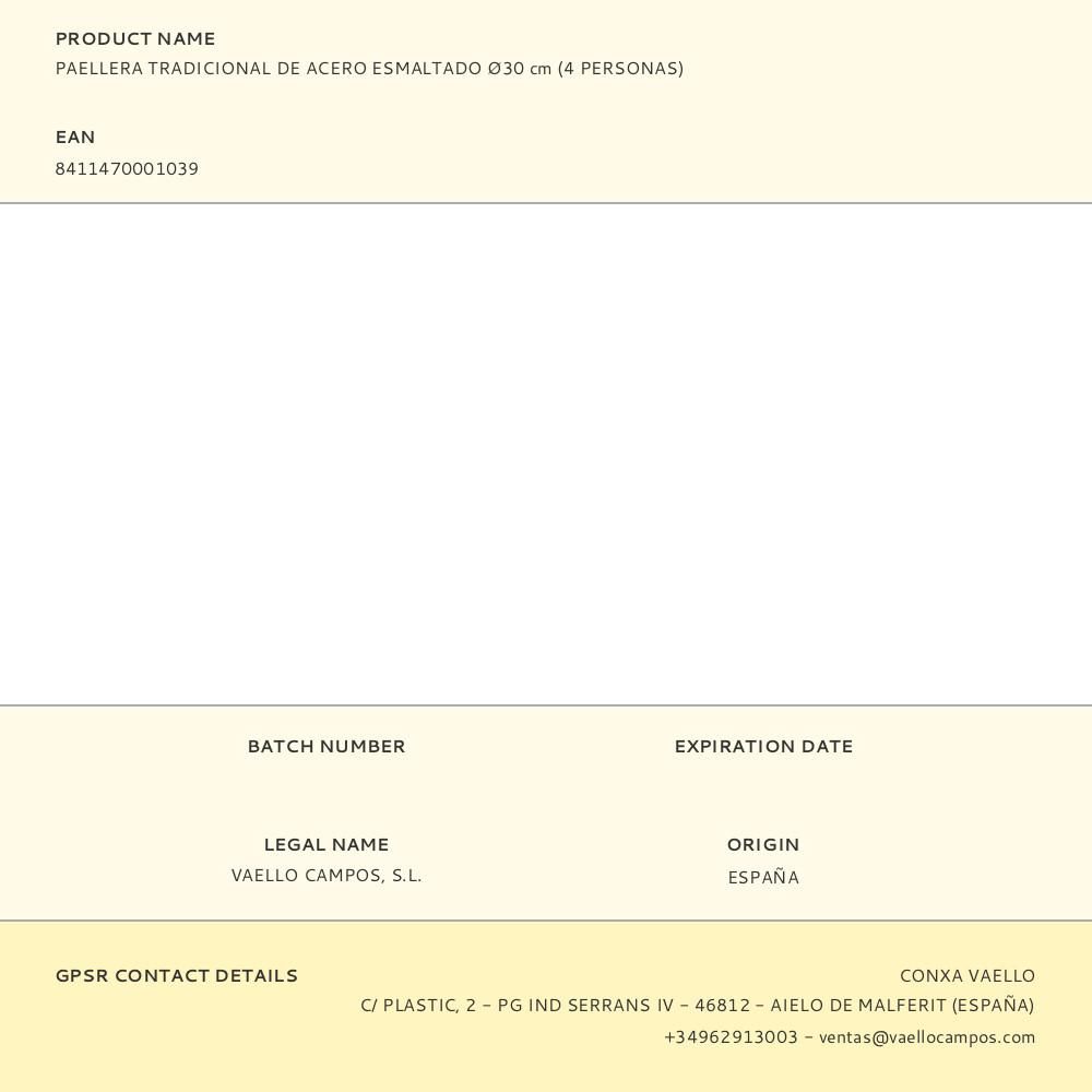 PAELLERA TRADICIONAL DE ACERO ESMALTADO Ø30 cm (4 PERSONAS) gallery 0