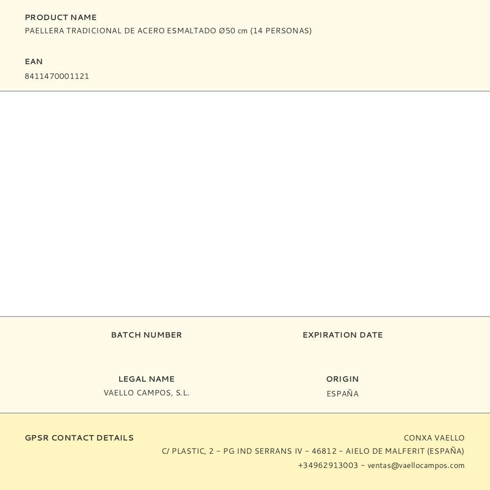 PAELLERA TRADICIONAL DE ACERO ESMALTADO Ø50 cm (14 PERSONAS) gallery 0