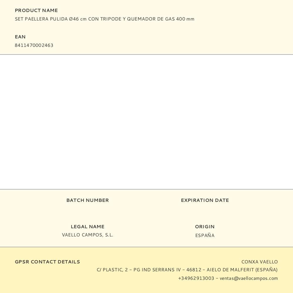 SET PAELLERA PULIDA Ø46cm CON TRIPODE Y QUEMADOR DE GAS 400 mm gallery 0