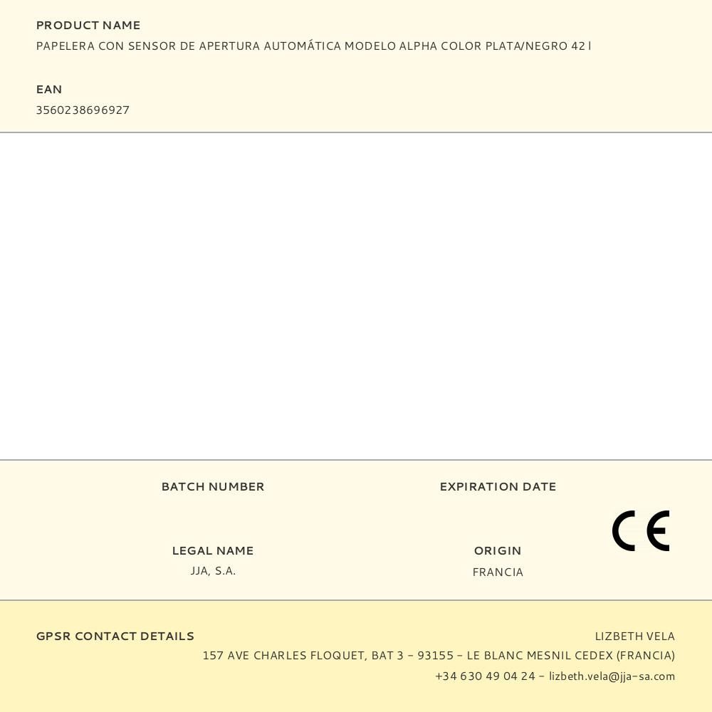 PAPELERA CON SENSOR DE APERTURA AUTOMÁTICA MODELO ALPHA COLOR PLATA/NEGRO 42 l gallery 2