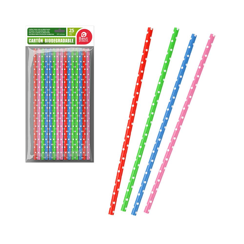 PAJITAS DE CARTÓN CON TOPOS COLORES SURTIDOS, 25 uds