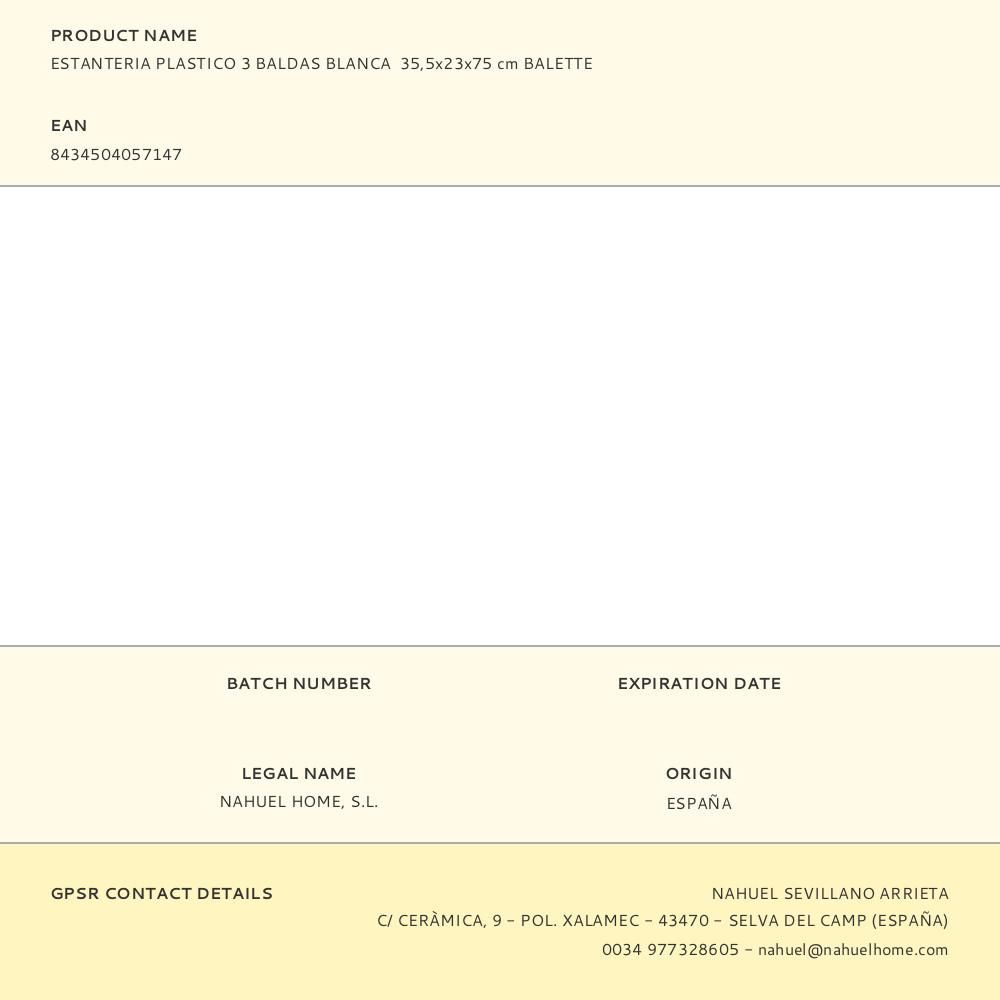 ESTANTERIA PLASTICO 3 BALDAS BLANCA 35,5x23x75 cm BALETTE gallery 0