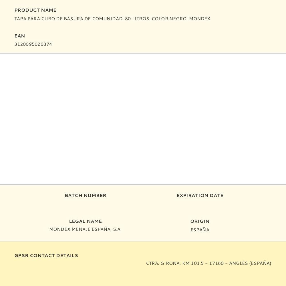 TAPA PARA CUBO DE BASURA DE COMUNIDAD. 80 LITROS. COLOR NEGRO. MONDEX gallery 0