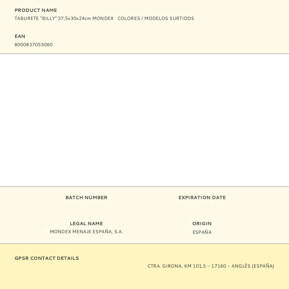 TABURETE "BILLY" 37,5x30x24cm MONDEX COLORES / MODELOS SURTIDOS gallery 0