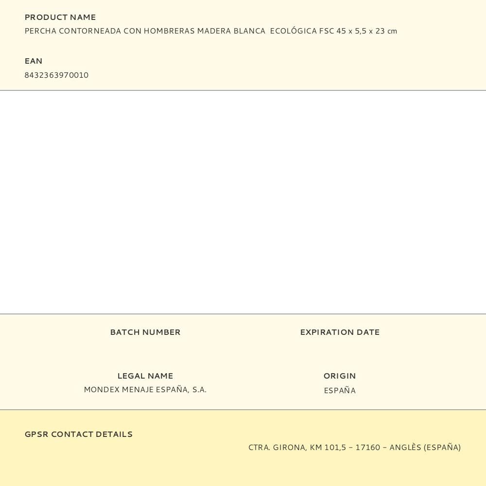 PERCHA CONTORNEADA CON HOMBRERAS MADERA BLANCA ECOLÓGICA FSC 45 x 5,5 x 23 cm gallery 0