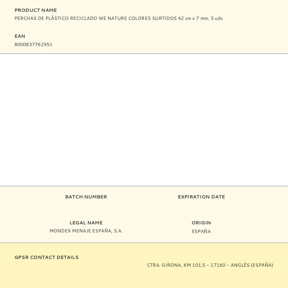 PERCHAS DE PLÁSTICO RECICLADO WE NATURE COLORES SURTIDOS 42 cm x 7 mm, 5 uds gallery 0