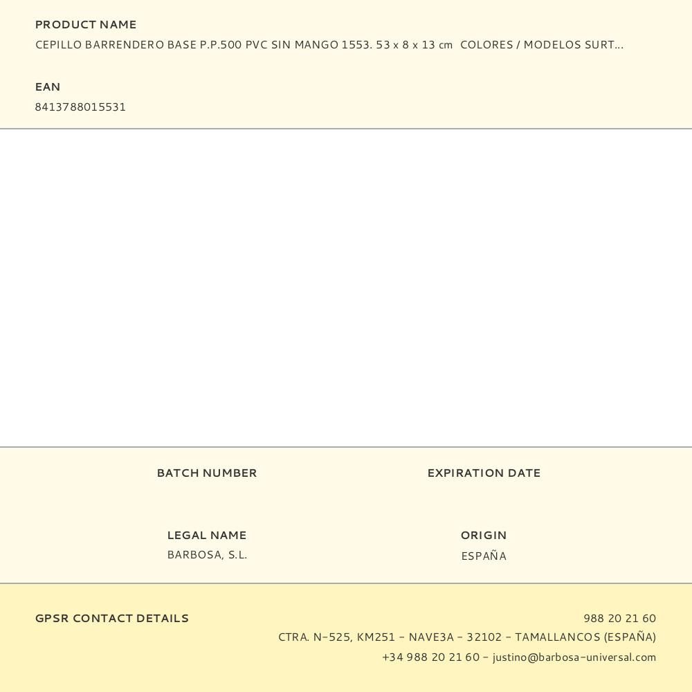 CEPILLO BARRENDERO BASE P.P.500 PVC SIN MANGO 1553. 53 x 8 x 13 cm COLORES / MODELOS SURTIDOS gallery 0