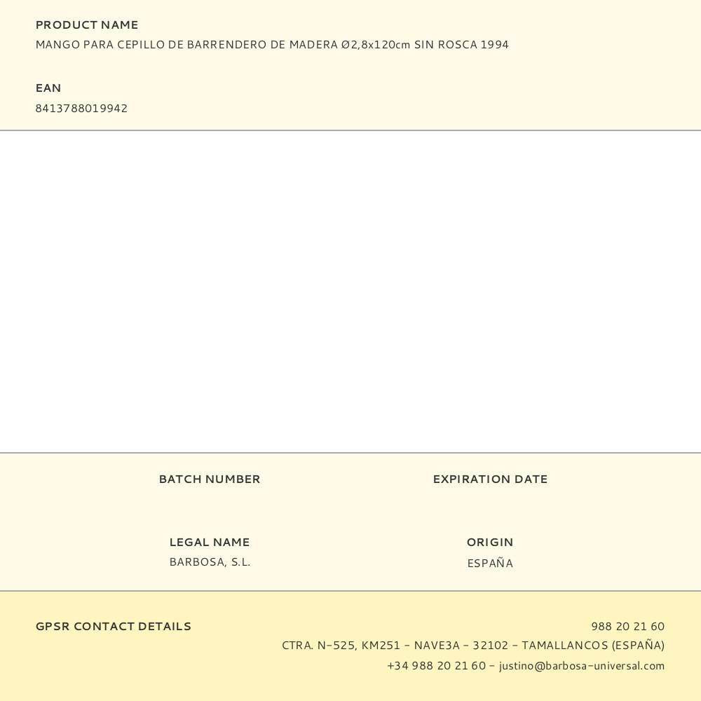 MANGO PARA CEPILLO DE BARRENDERO DE MADERA Ø2,8x120cm SIN ROSCA 1994 gallery 0