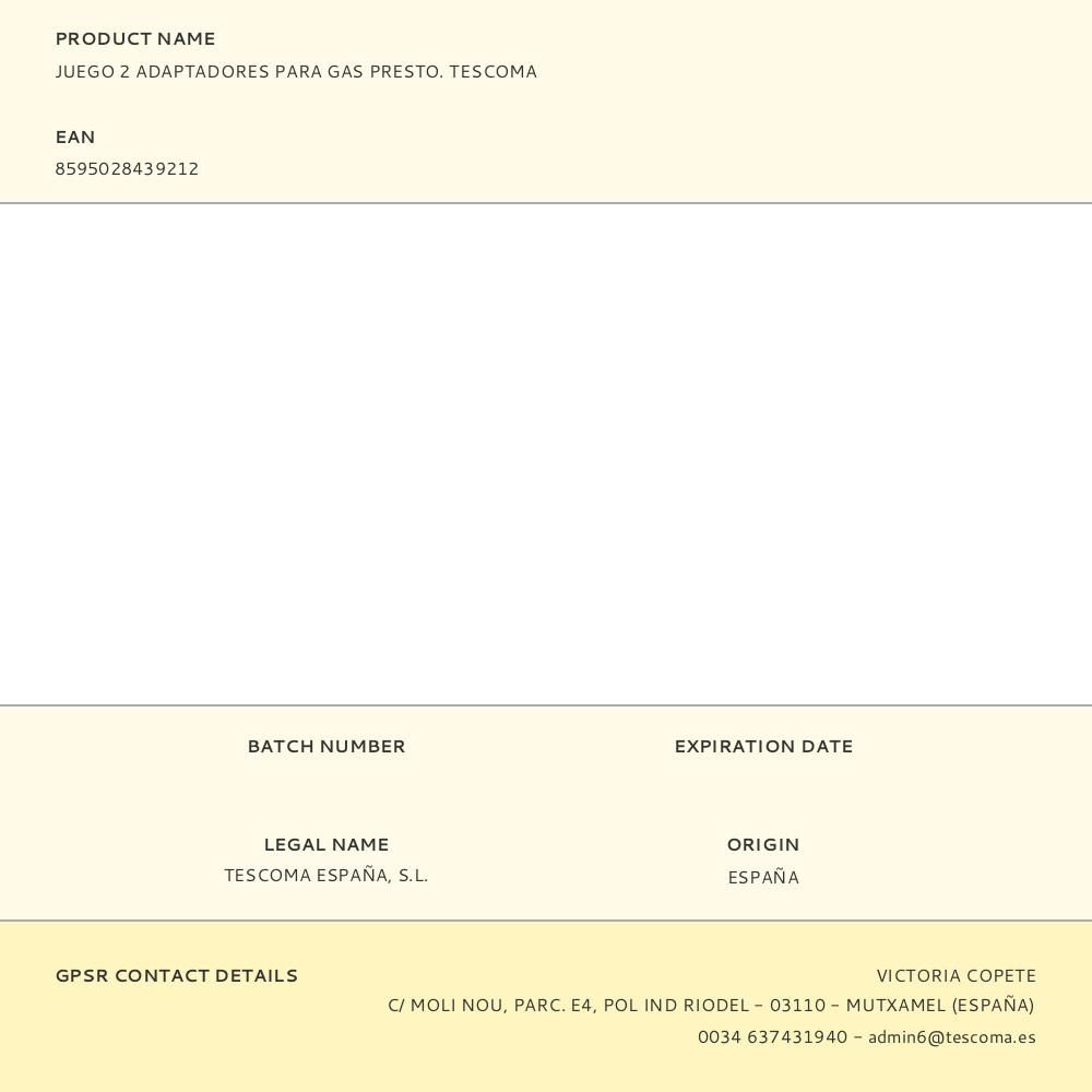 JUEGO 2 ADAPTADORES PARA GAS PRESTO. TESCOMA gallery 1