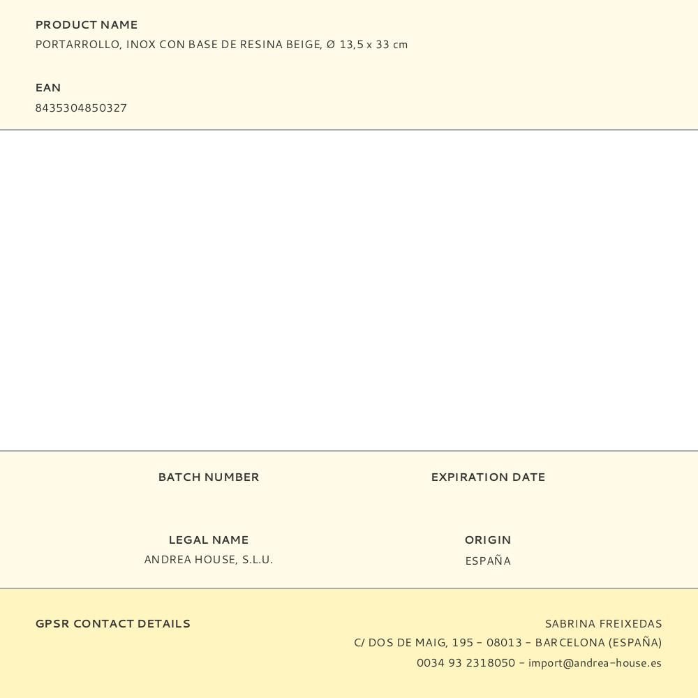 PORTARROLLO INOX CON BASE DE RESINA BEIGE Ø13,5 x 33 cm gallery 0