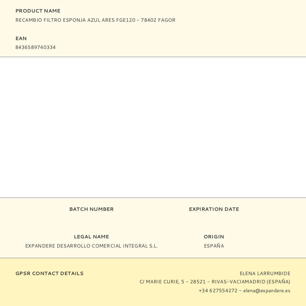 RECAMBIO FILTRO ESPONJA AZUL ARES FGE120 - 78402 FAGOR gallery 0