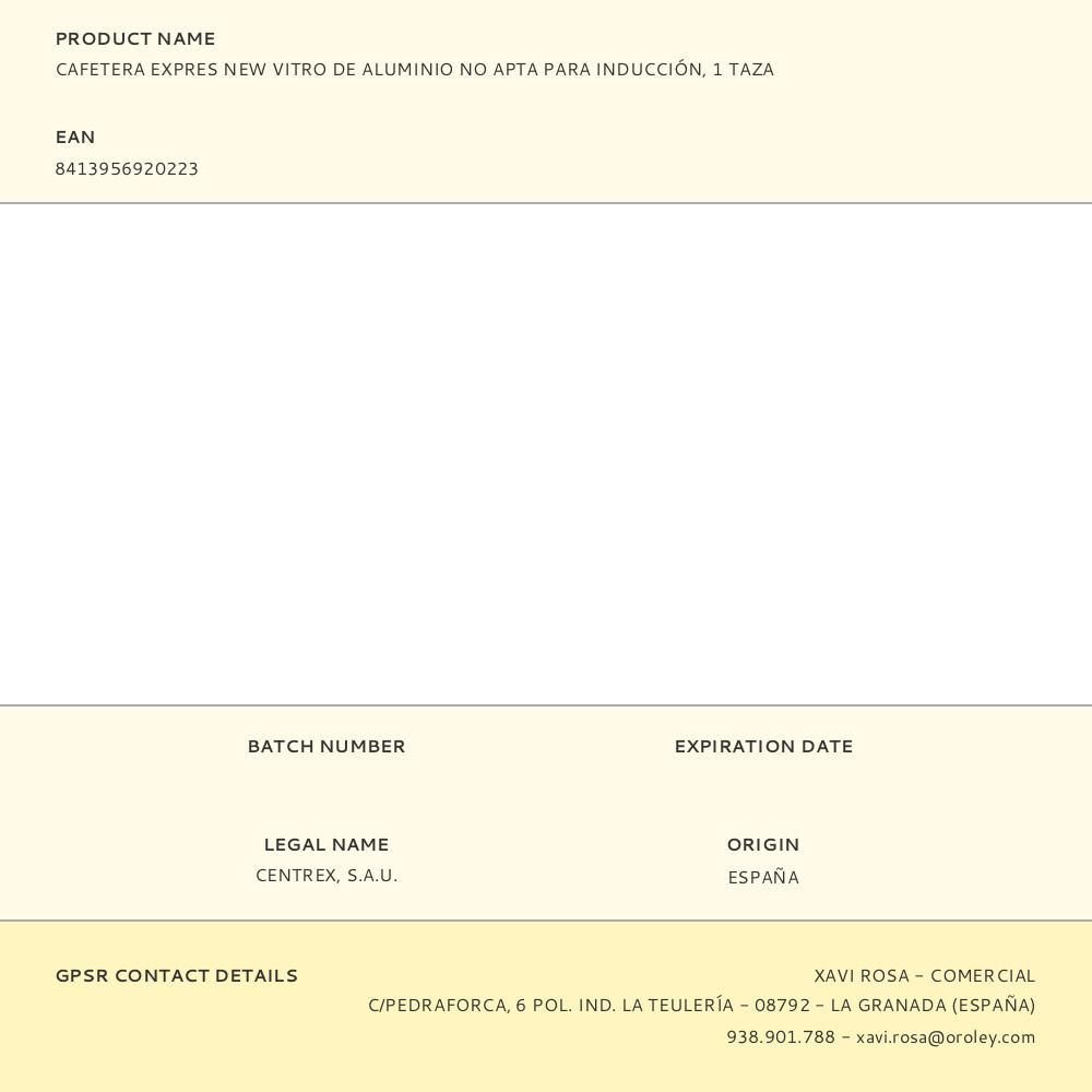 CAFETERA EXPRES NEW VITRO DE ALUMINIO NO APTA PARA INDUCCIÓN, 1 TAZA gallery 0