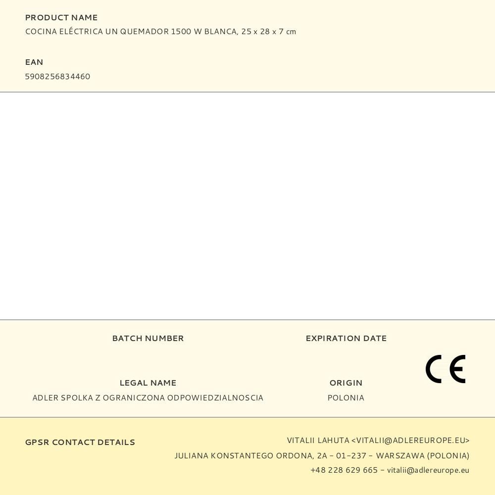 COCINA ELÉCTRICA UN QUEMADOR 1500 W BLANCA, 25 x 28 x 7 cm gallery 4