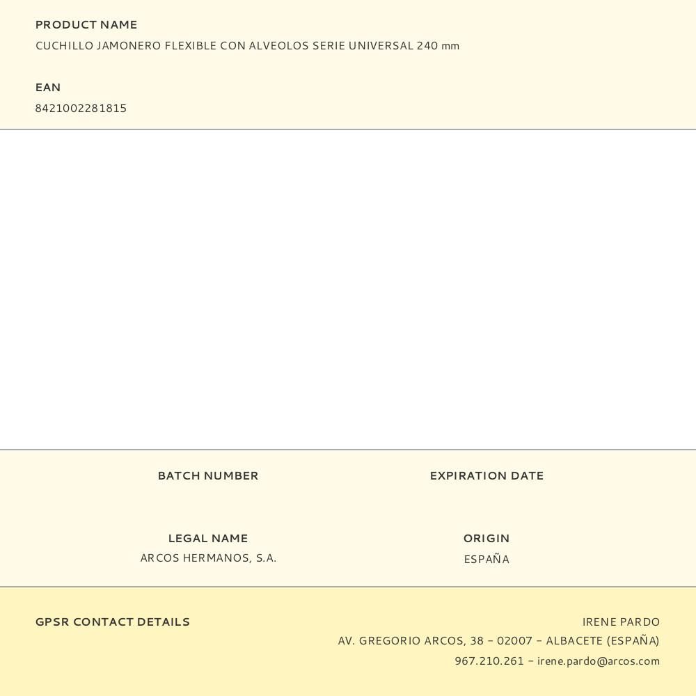 CUCHILLO JAMONERO FLEXIBLE CON ALVEOLOS SERIE UNIVERSAL 240 mm gallery 2