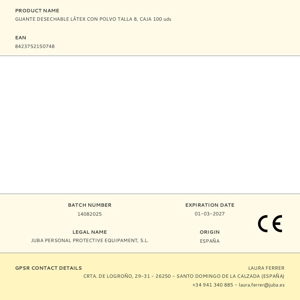 GUANTE LÁTEX, CON POLVO, DESECHABLE, BLANCO, T-08, CAJA 100 uds gallery 3