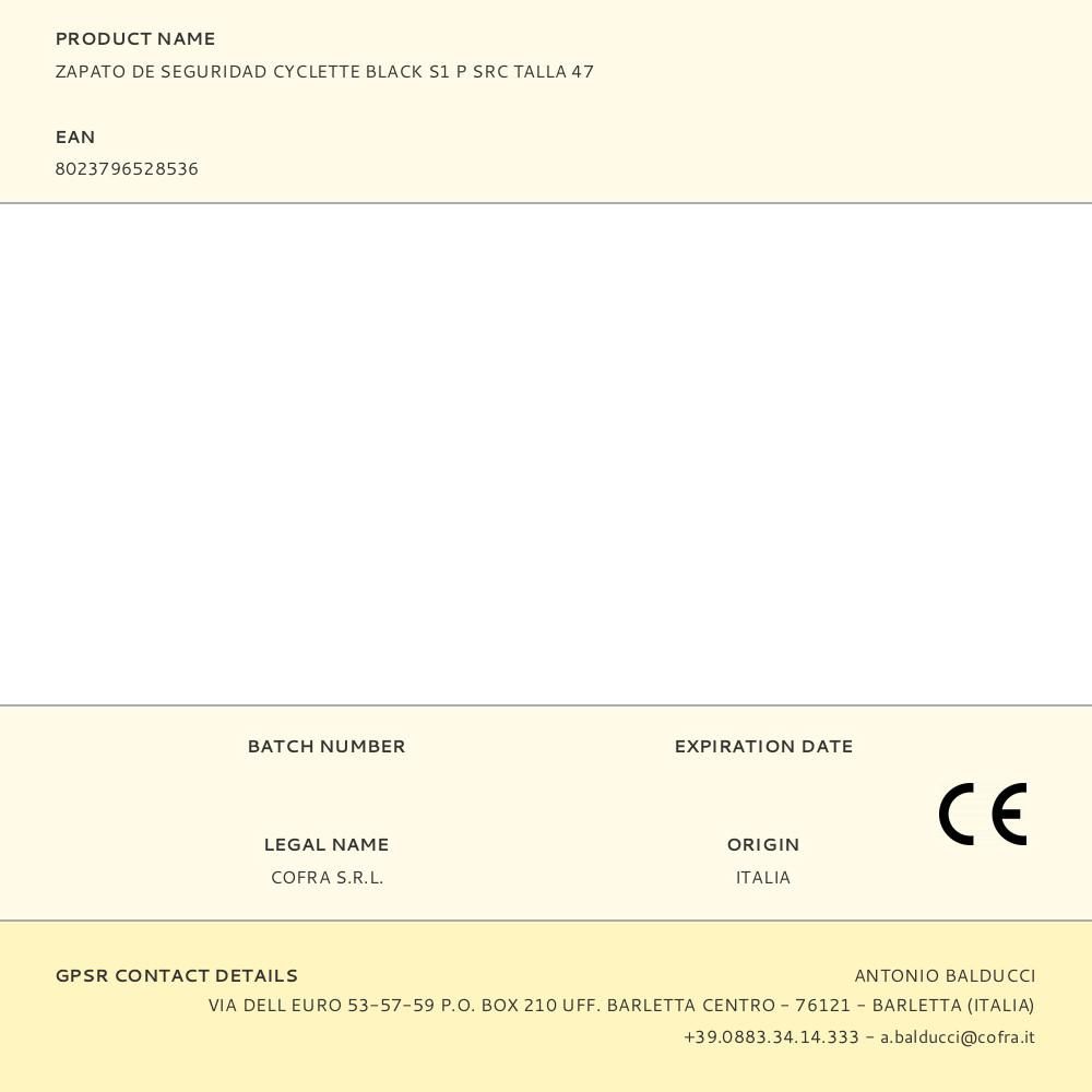 ZAPATO DE SEGURIDAD CYCLETTE BLACK S1 P SRC TALLA 47 gallery 0