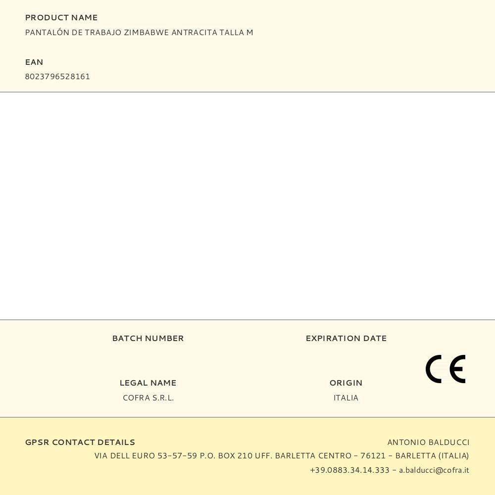 PANTALÓN DE TRABAJO ZIMBABWE ANTRACITA TALLA M gallery 2