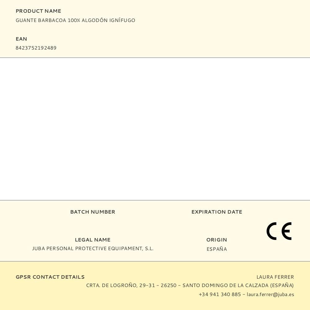 GUANTE ALGODÓN VULRIZO 100% IGNÍFUGO, PARA BARBACOA, T-9 gallery 3