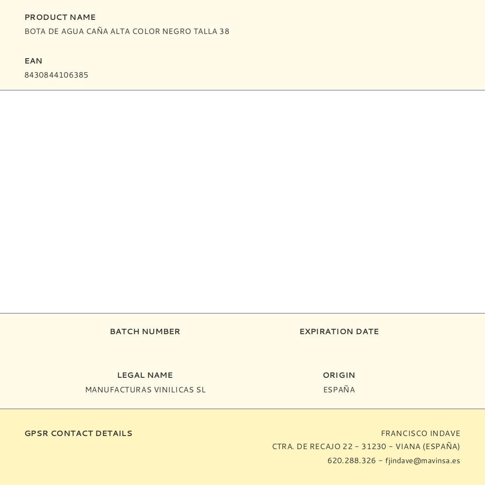 BOTA DE AGUA CAÑA ALTA COLOR NEGRO TALLA 38 gallery 0