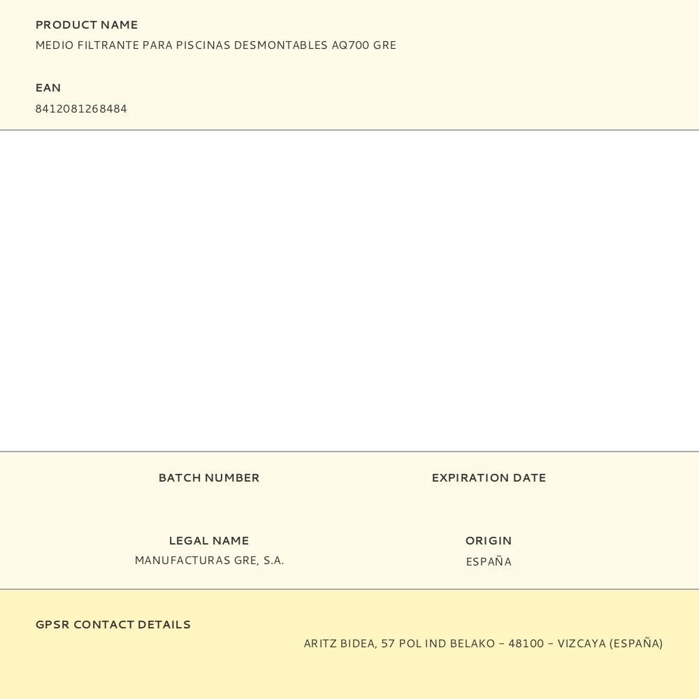 MEDIO FILTRANTE PARA PISCINAS DESMONTABLES AQ700 GRE gallery 1