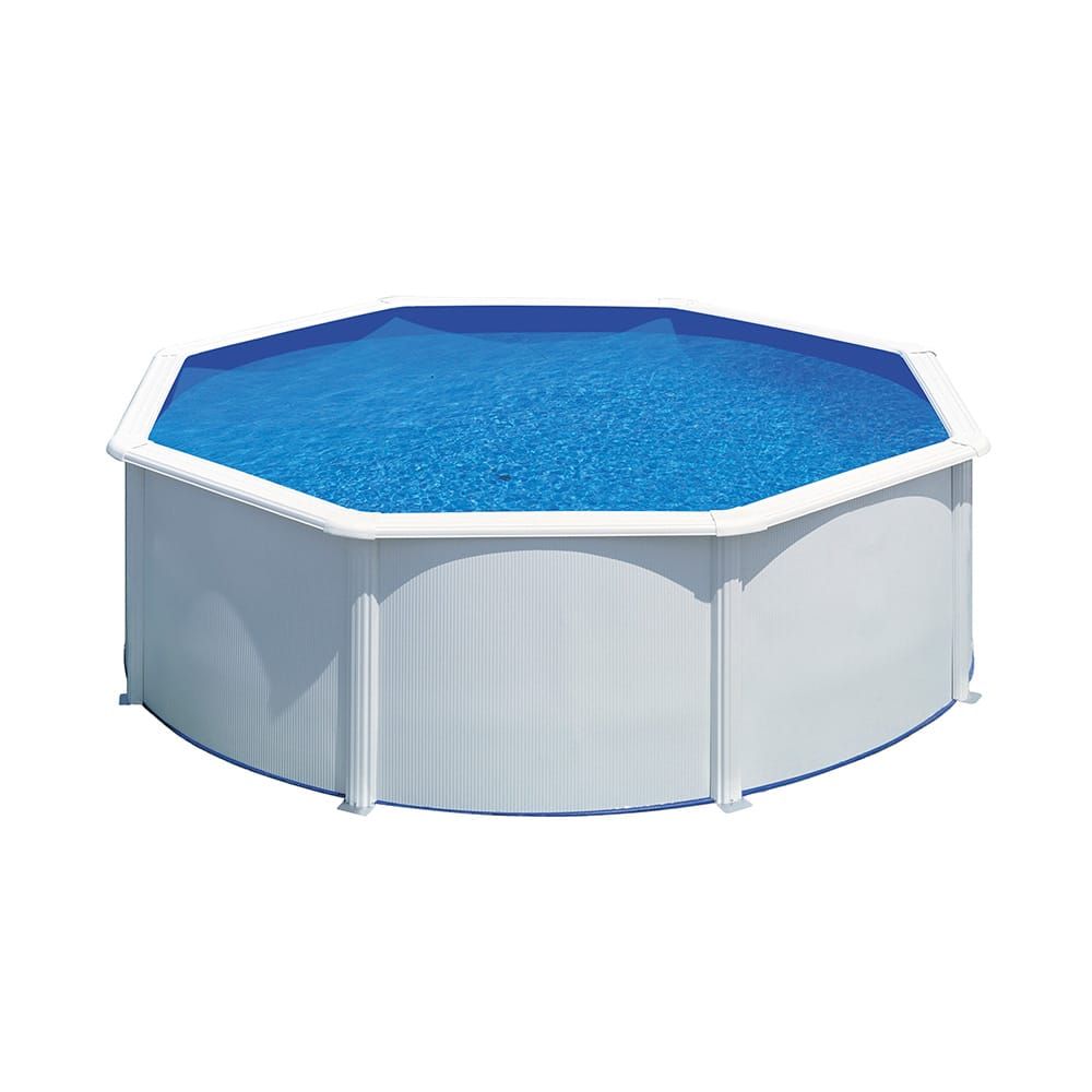 PISCINA CON PARED DE ACERO Y CHAPA BLANCA, REDONDA, CON DEPURADORA, Ø350 x 120 cm