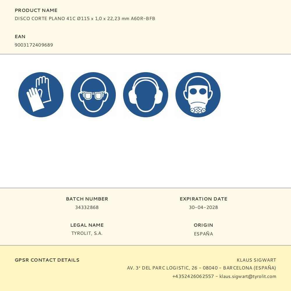 DISCO CORTE ACERO INOX 41C Ø115 x 1,0 x 22,23 mm A60R-BFB gallery 0