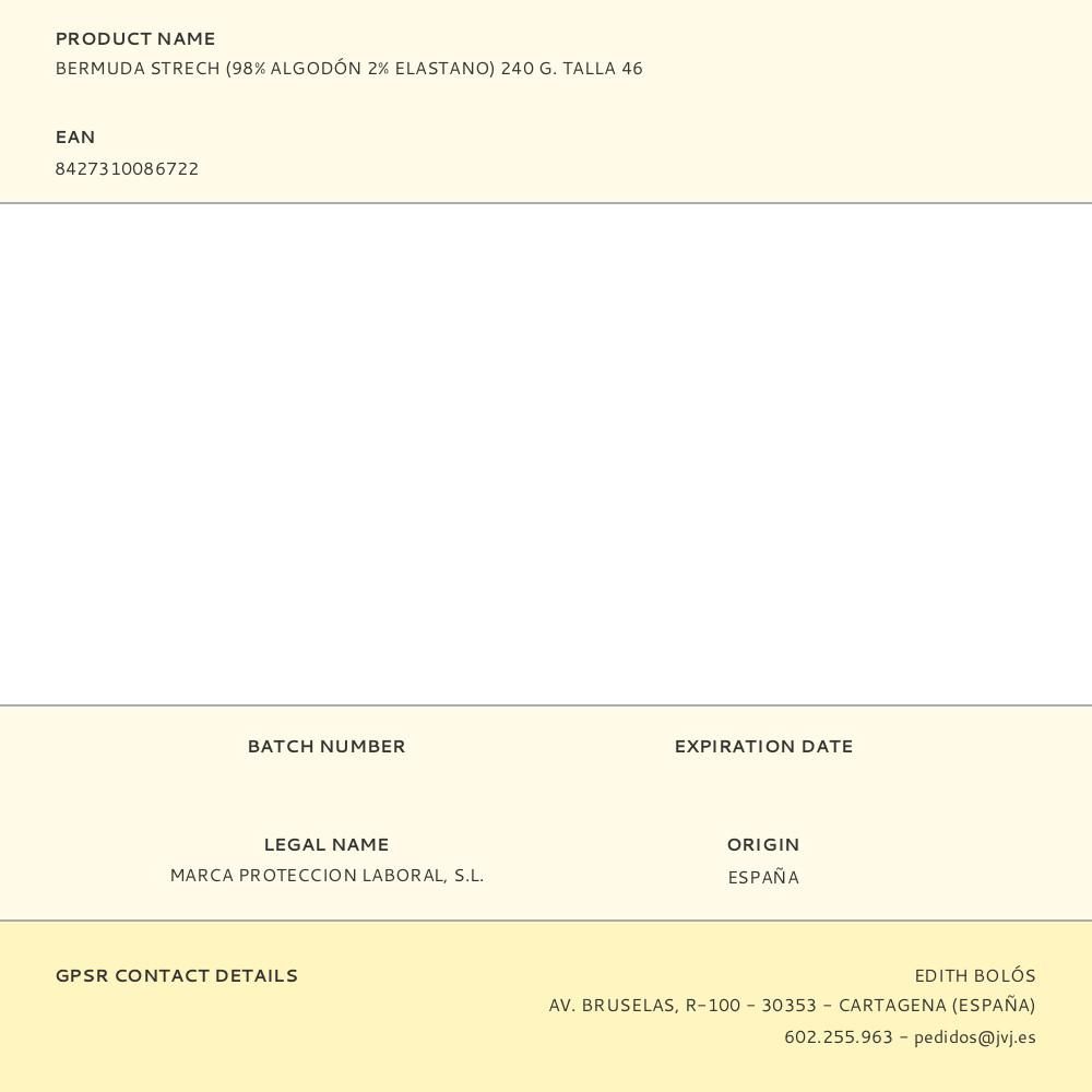 BERMUDA STRECH (98% ALGODÓN 2% ELASTANO) 240 G. TALLA 46 gallery 0