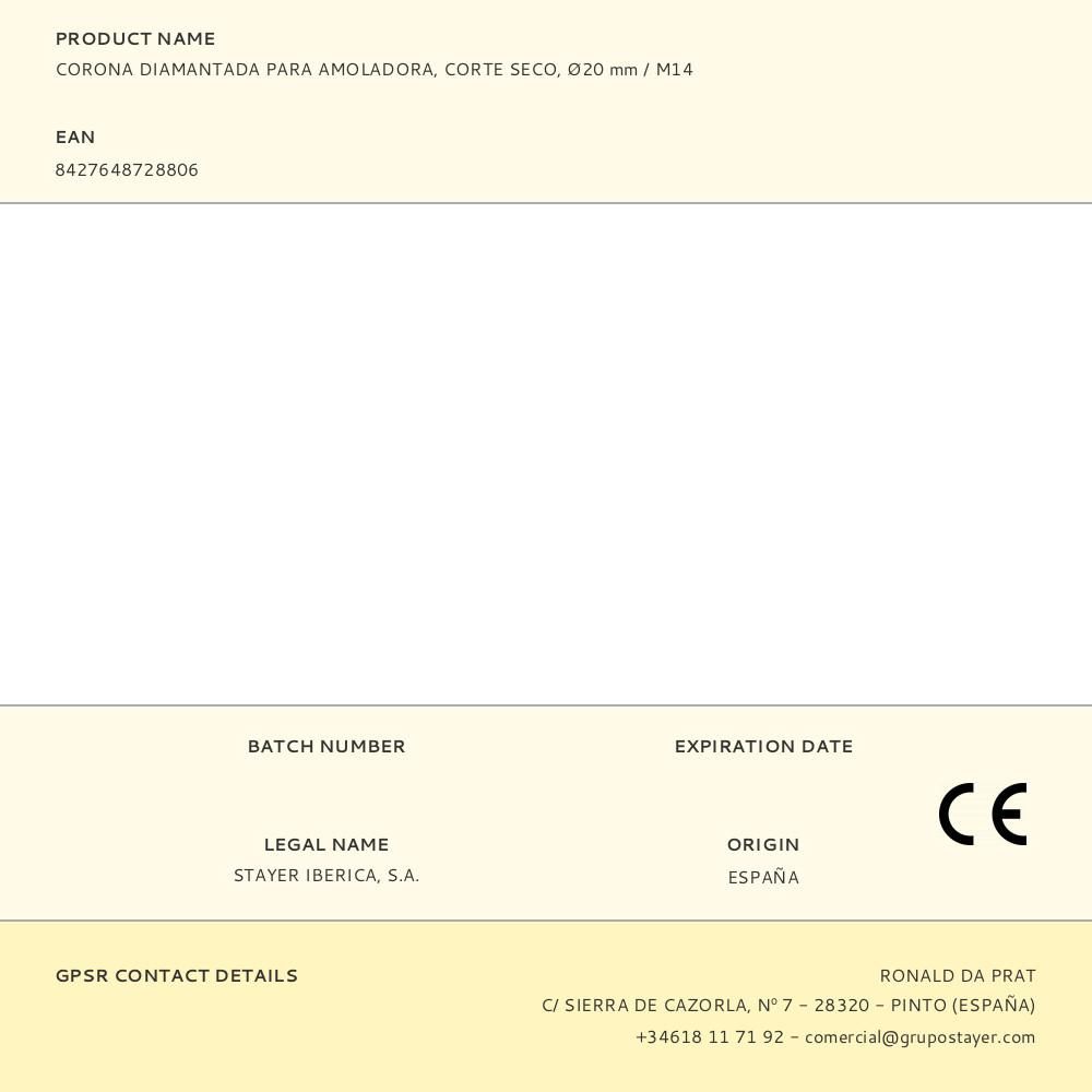 CORONA DIAMANTADA PARA AMOLADORA, CORTE SECO, Ø20 mm / M14 gallery 0