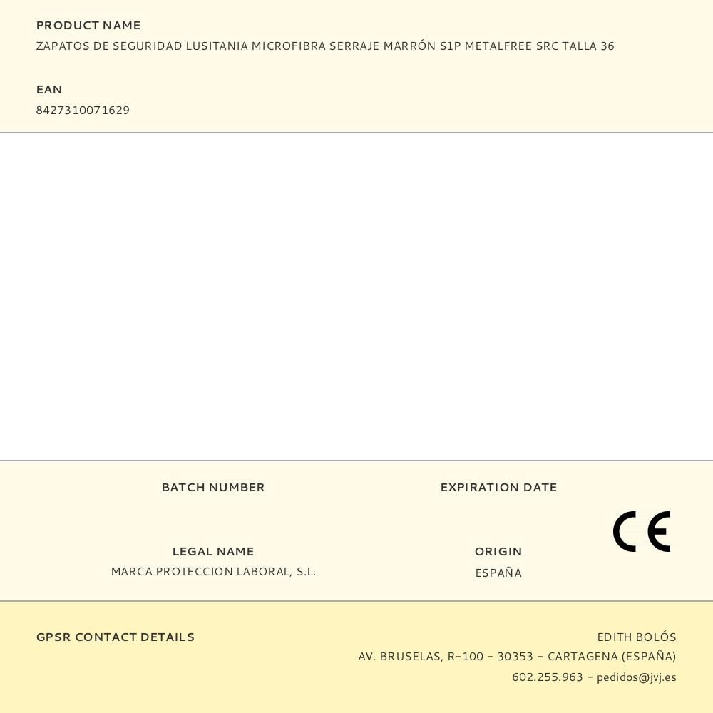 ZAPATOS DE SEGURIDAD LUSITANIA MICROFIBRA SERRAJE MARRÓN S1P METALFREE SRC TALLA 36 gallery 0