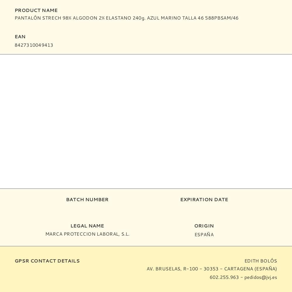 PANTALÓN STRECH 98% ALGODON 2% ELASTANO 240g. AZUL MARINO TALLA 46 588PBSAM/46 gallery 0