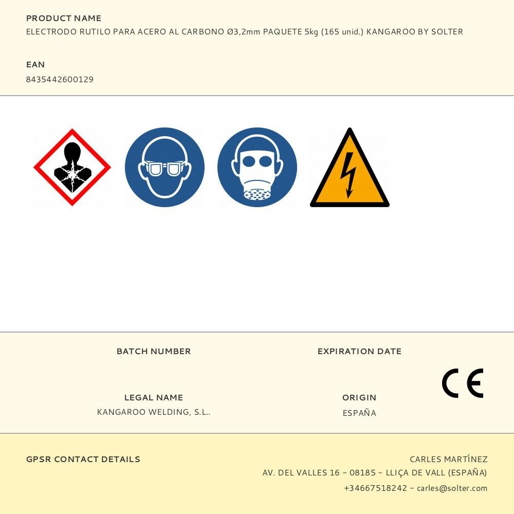 ELECTRODO RUTILO PARA ACERO AL CARBONO Ø3,2mm PAQUETE 5kg (165 unid.) KANGAROO BY SOLTER gallery 0