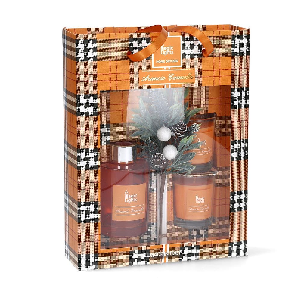 ESTUCHE MIKADO DIFUSOR + 2 VELAS NARANJA-CANELA