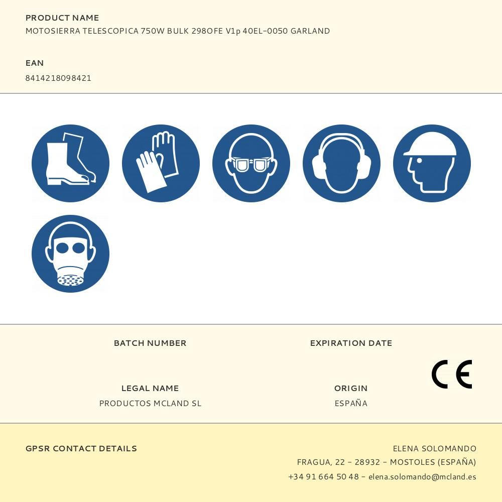MOTOSIERRA TELESCOPICA 750W BULK 298OFE V1p 40EL-0050 GARLAND gallery 2