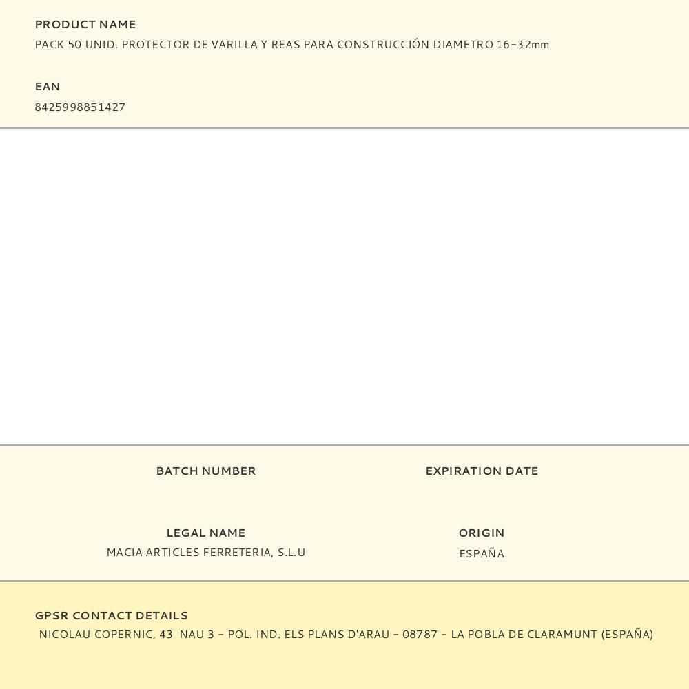 PROTECTOR DE VARILLA Y REAS PARA CONSTRUCCIÓN Ø16-32 mm, PACK 50 uds gallery 1
